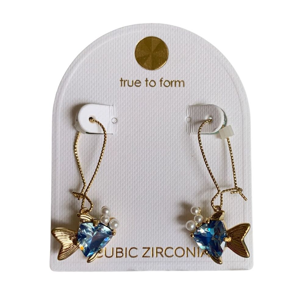 Gold Tone Blue Cubic Zirconia Fish Hook Dangle Earrings New with Tag - Picture 6 of 7